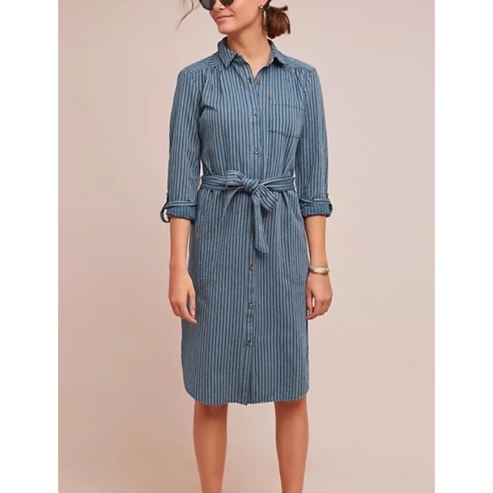 Anthropologie Size 0 Bellamy Striped Cotton Linen Shirt Dress in Blue & White